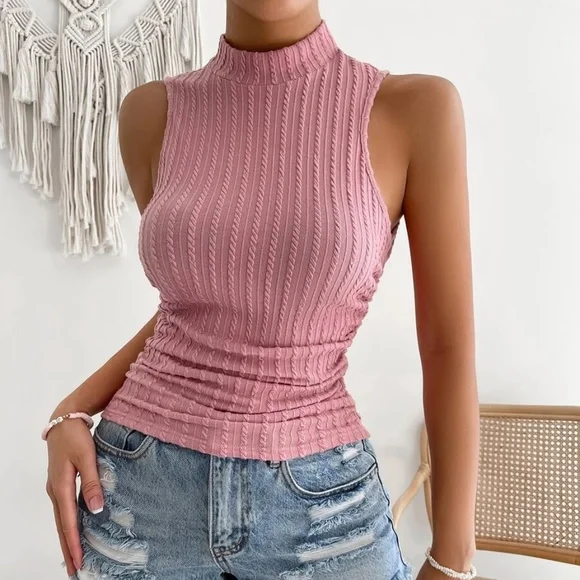 Pink Fitted Ribbed Knit Mock Neck Tank Top - Picture 3 of 5